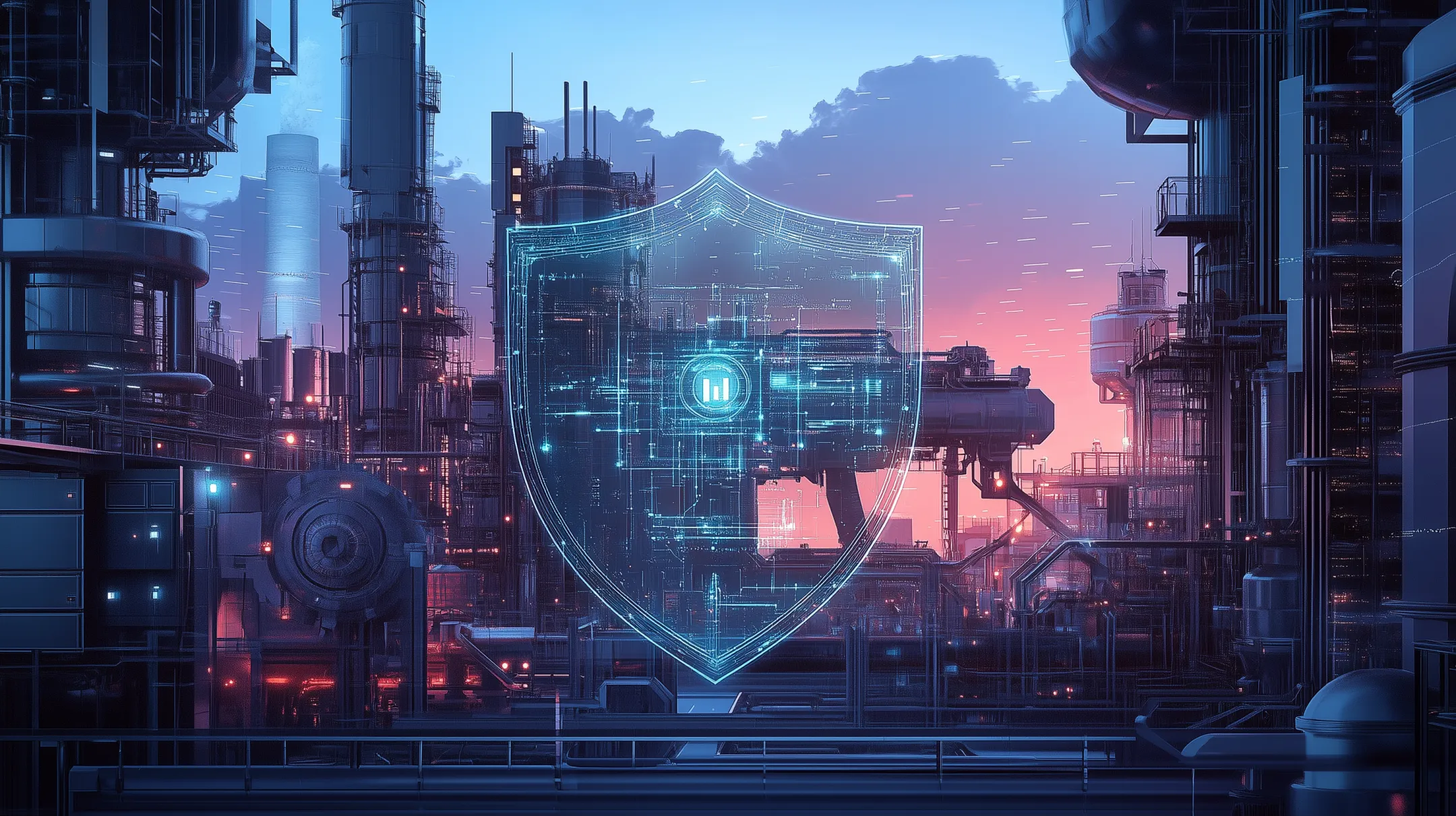 Ilustração de uma fábrica moderna com robôs e redes conectadas, protegida por um escudo digital, simbolizando a segurança cibernética na indústria.