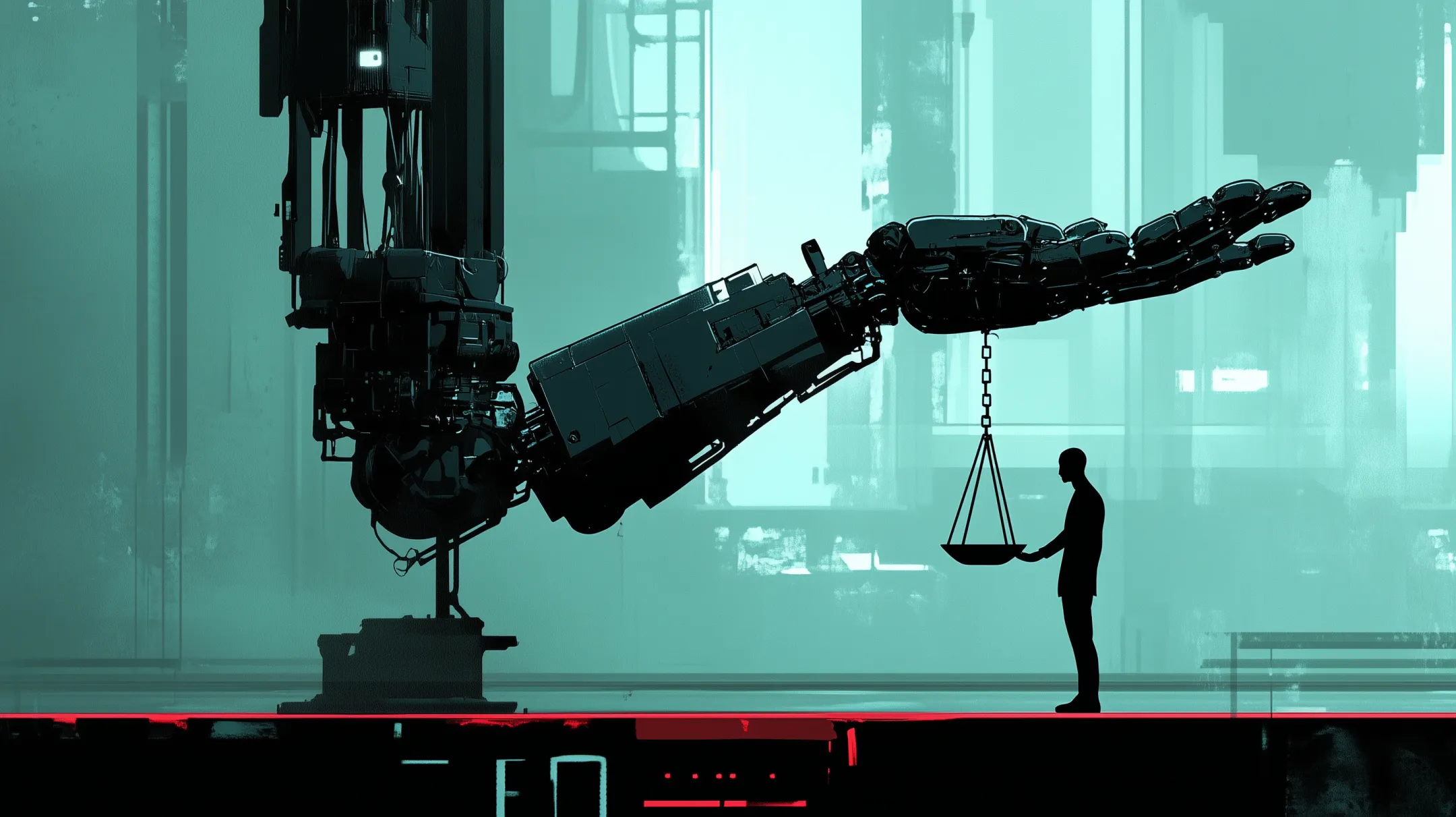 Ilustração digital mostrando uma balança equilibrada, com uma mão robótica em um dos pratos e a silhueta de uma pessoa no outro, simbolizando a ponderação ética em IA.