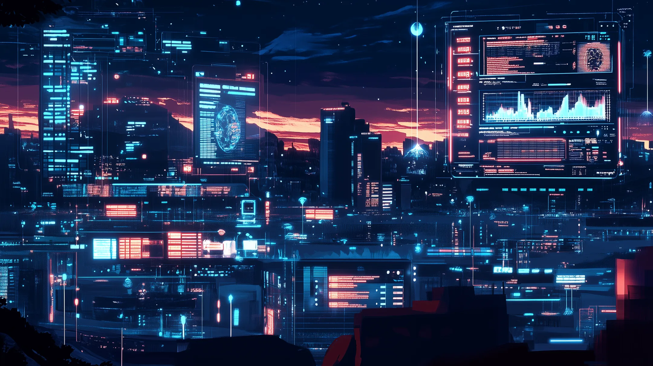 Ilustração de um centro de controle urbano futurista com mapas digitais e gráficos de análise preditiva, representando a aplicação da IA na prevenção de crimes.