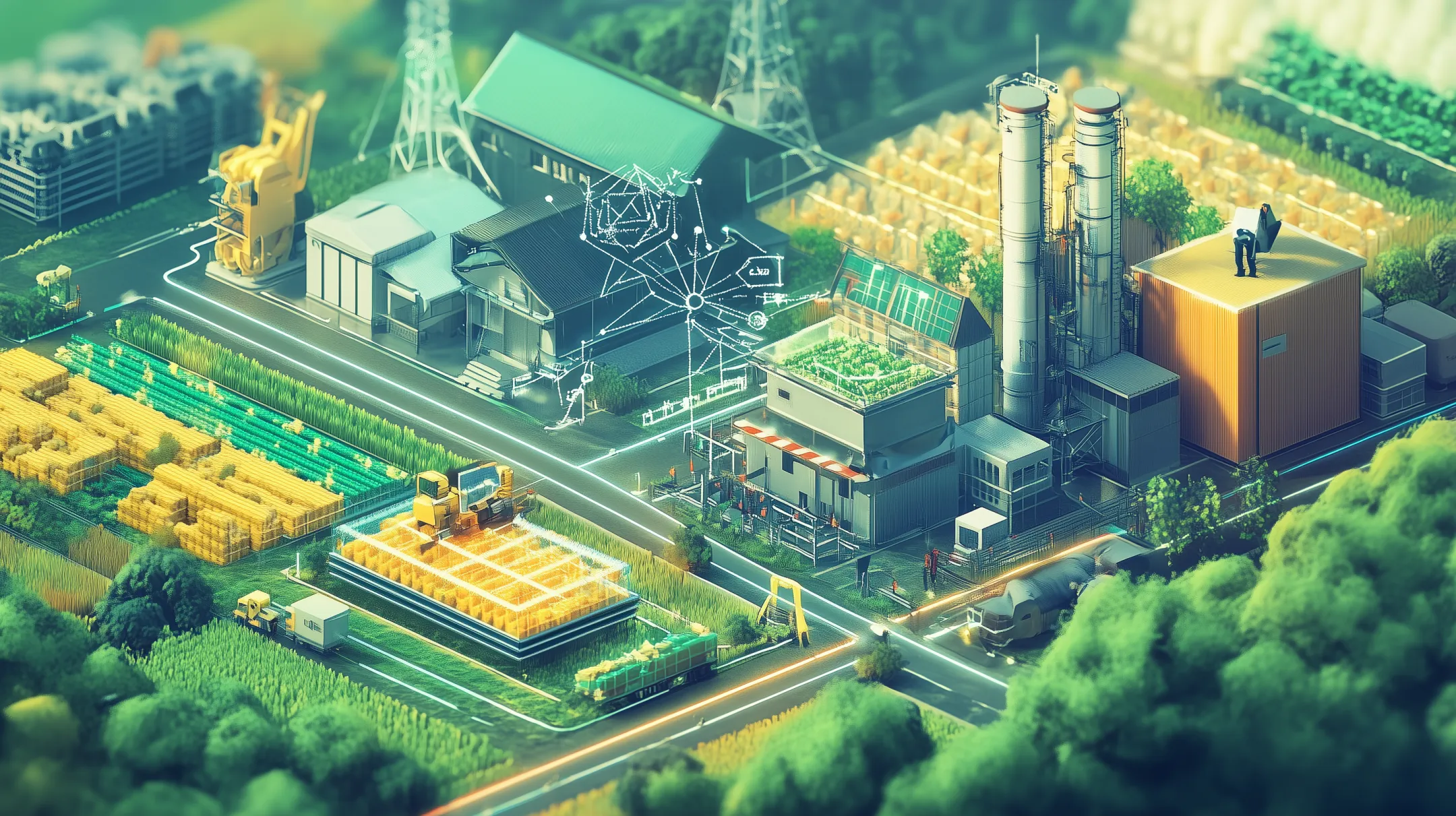 Ilustração artística representando a tecnologia blockchain conectando elementos sustentáveis das cadeias produtivas como agricultura, moda e logística, destacando a rastreabilidade e a transparência.