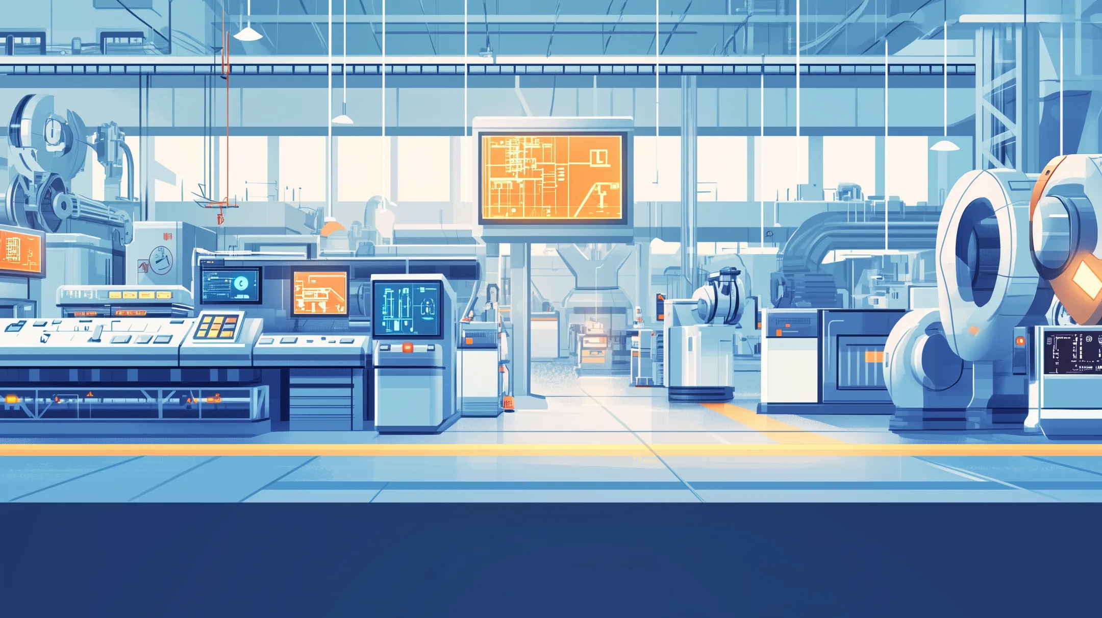 Ilustração de uma fábrica futurista com robôs, painéis digitais e elementos de sustentabilidade, representando a adaptação e resiliência no cenário da Quarta Revolução Industrial.