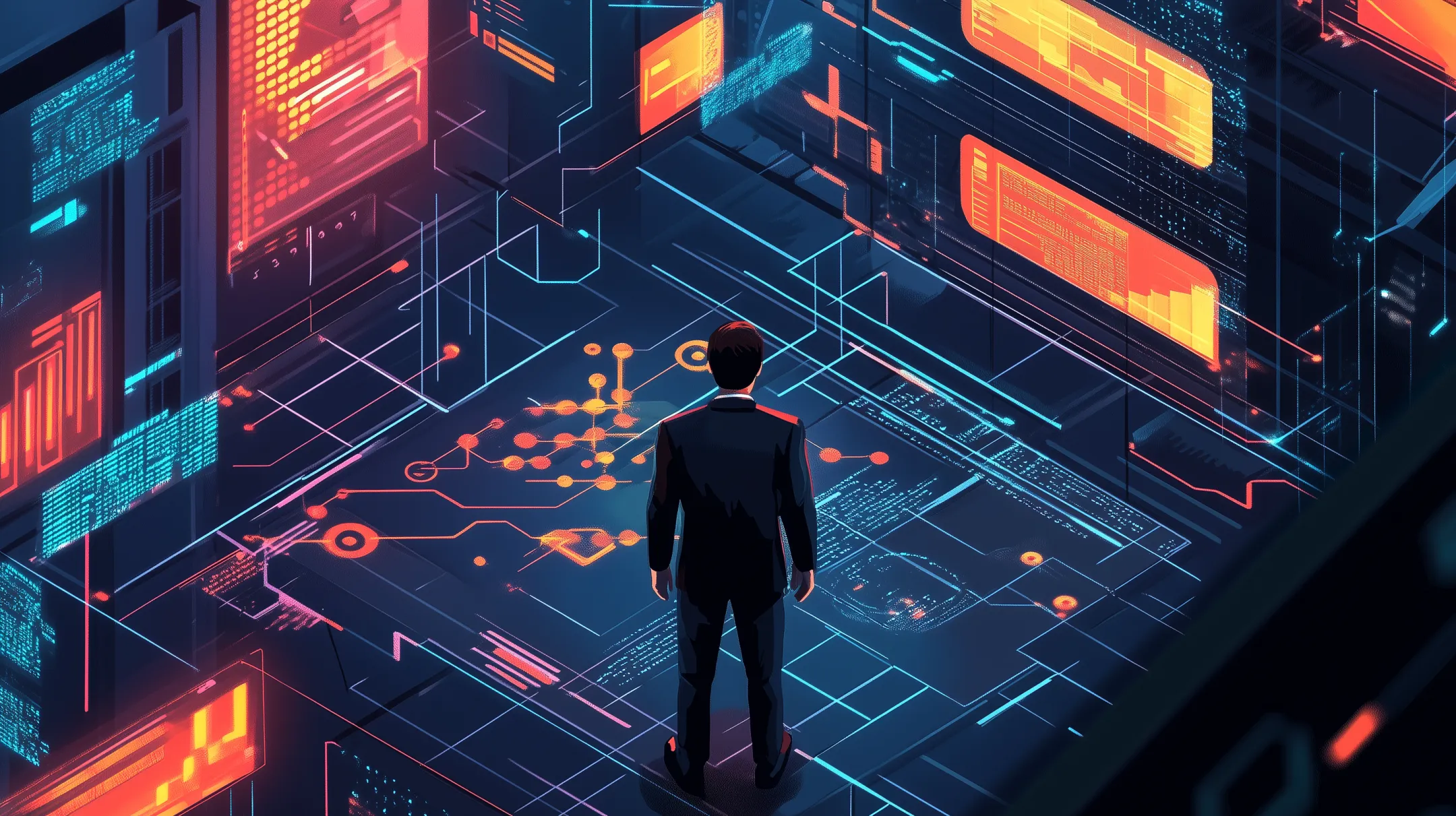 Ilustração de um centro de monitoramento futurista com gráficos de blockchain, inteligência artificial detectando fraudes e visualização de fluxos financeiros para combater a corrupção.
