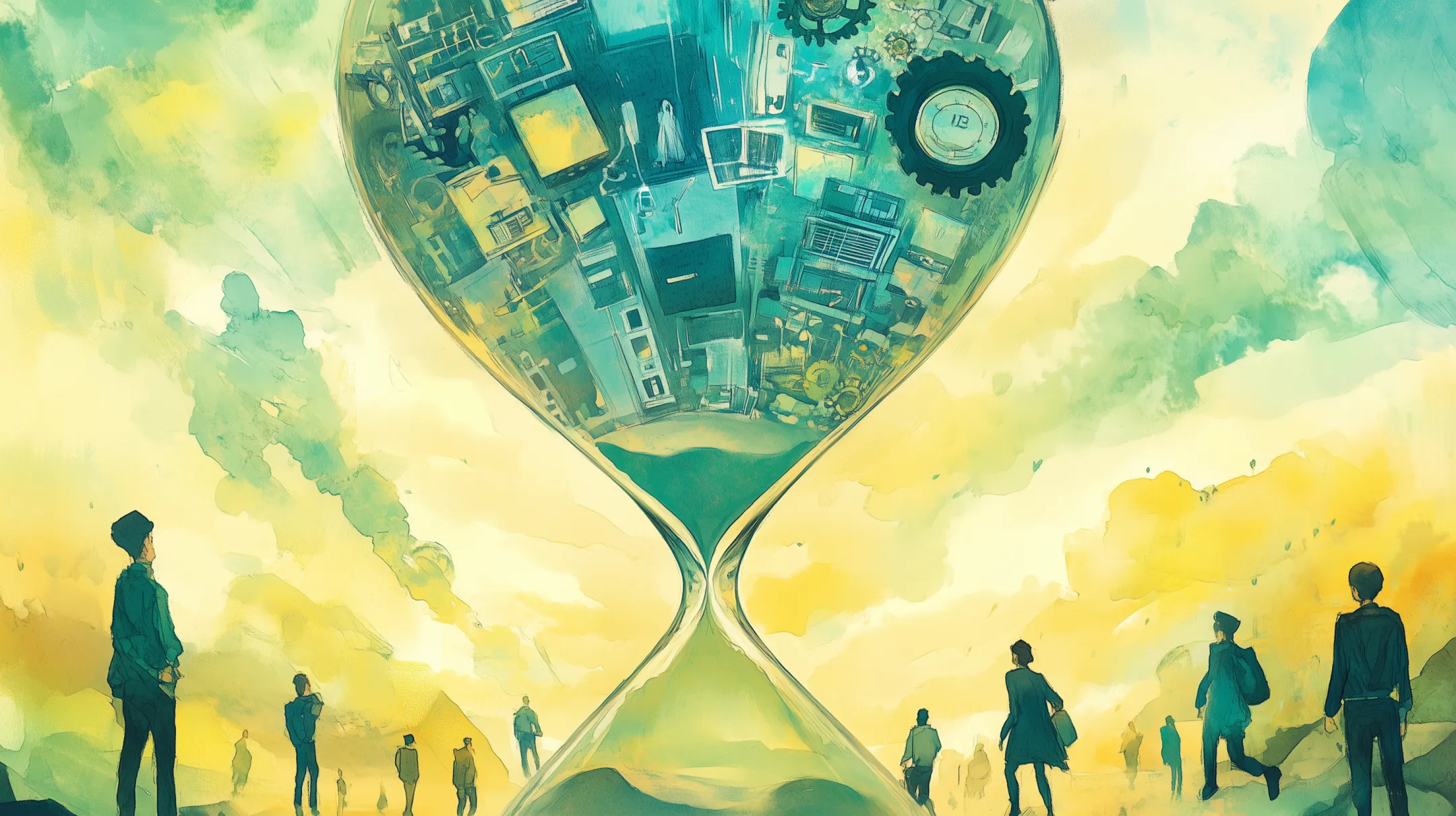 Ilustração surreal em aquarela retratando uma ampulheta onde empregos tradicionais desaparecem e se transformam em máquinas e tecnologia, simbolizando a transição do mercado de trabalho.
