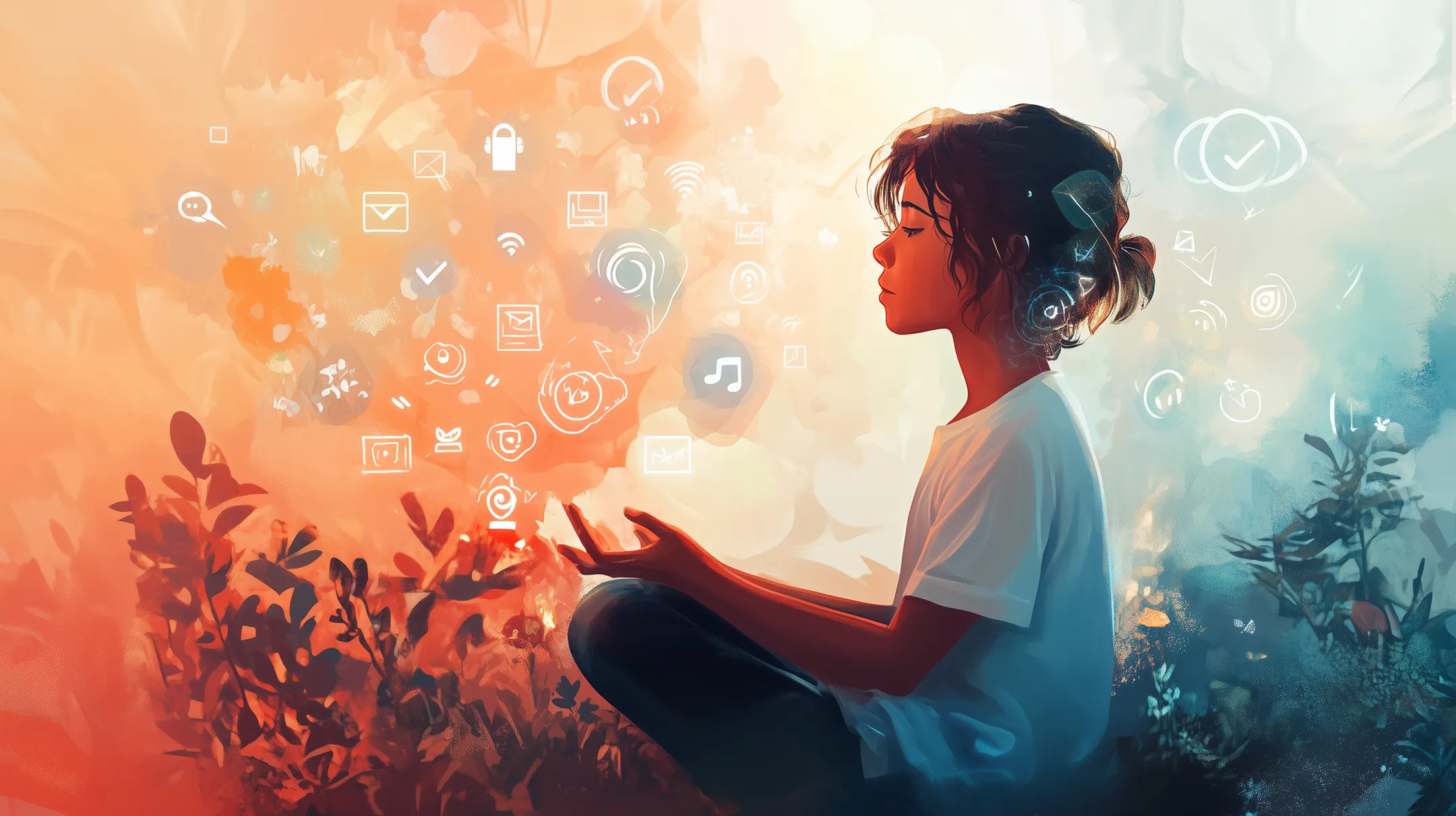 Ilustração conceitual mostrando um jovem equilibrando o uso da tecnologia com práticas de inteligência emocional, representando os desafios da era digital.