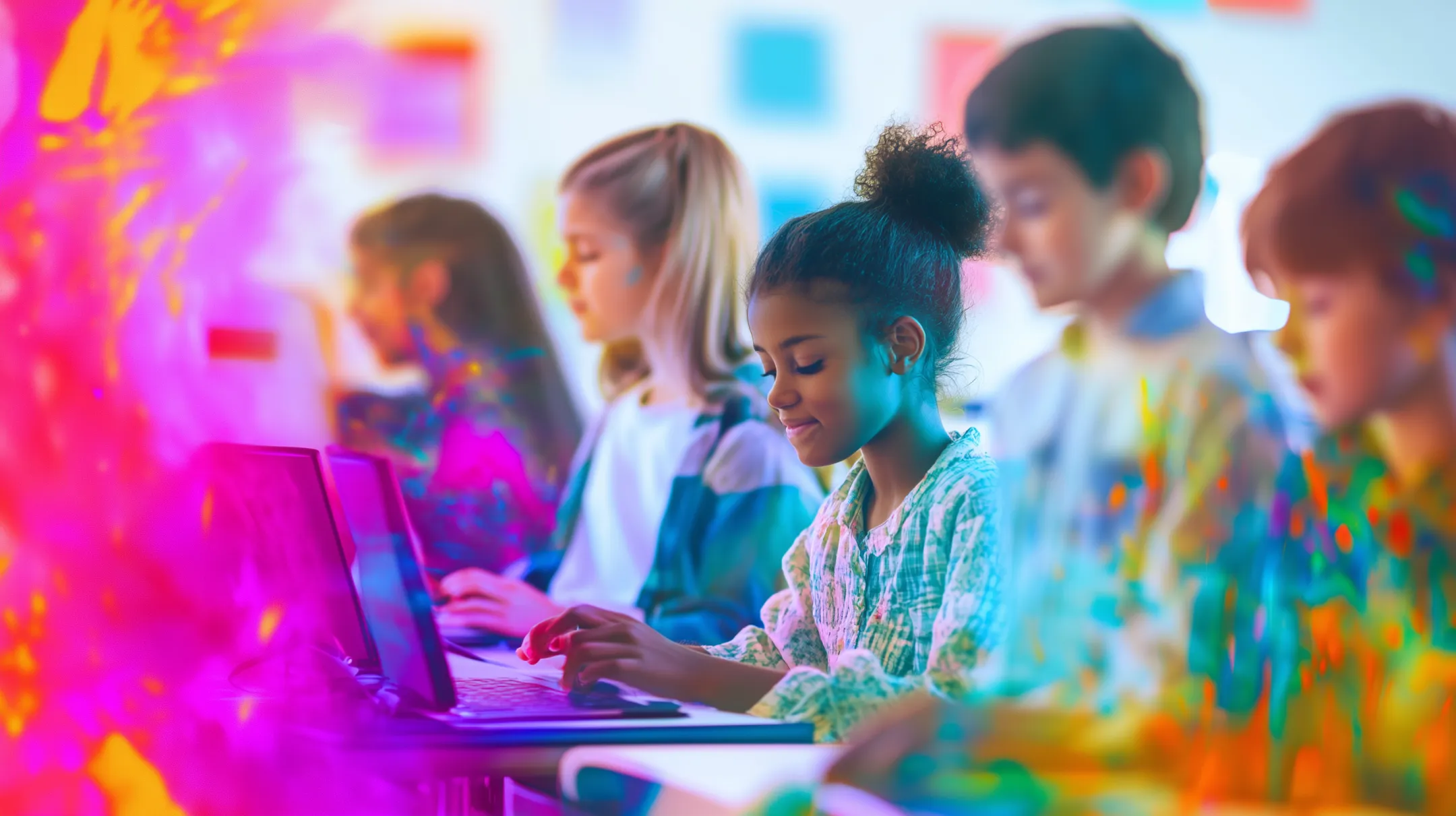 Grupo diverso de estudantes utilizando tecnologia assistiva em uma sala de aula, ambiente inclusivo e cores vibrantes.